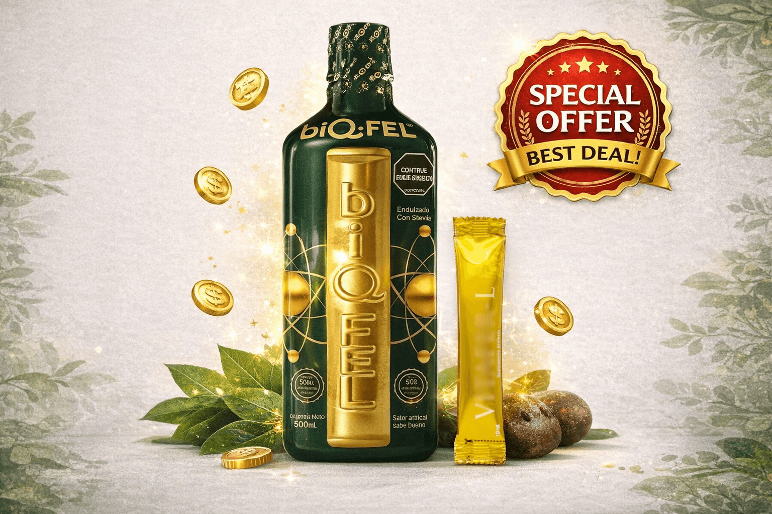 BIQ-FEL bottle with a special offer badge